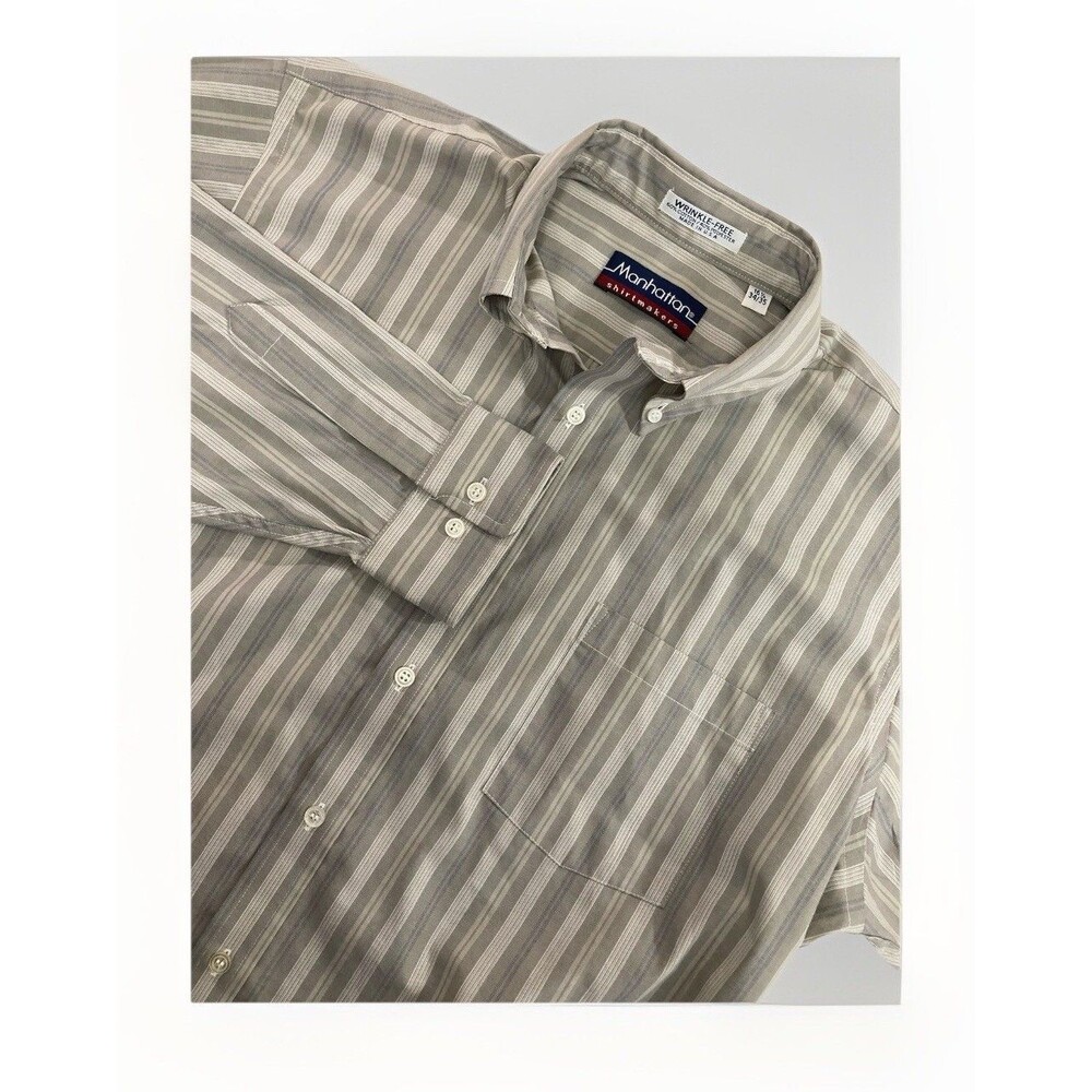 Manhattan Shirtmakers Men 16.5 Gray Stripe Dress Shirt Wrinkle Free Button Up